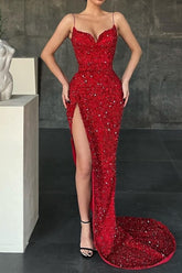 Red Spaghetti Straps Mermaid Evening Dress with Split Sequins